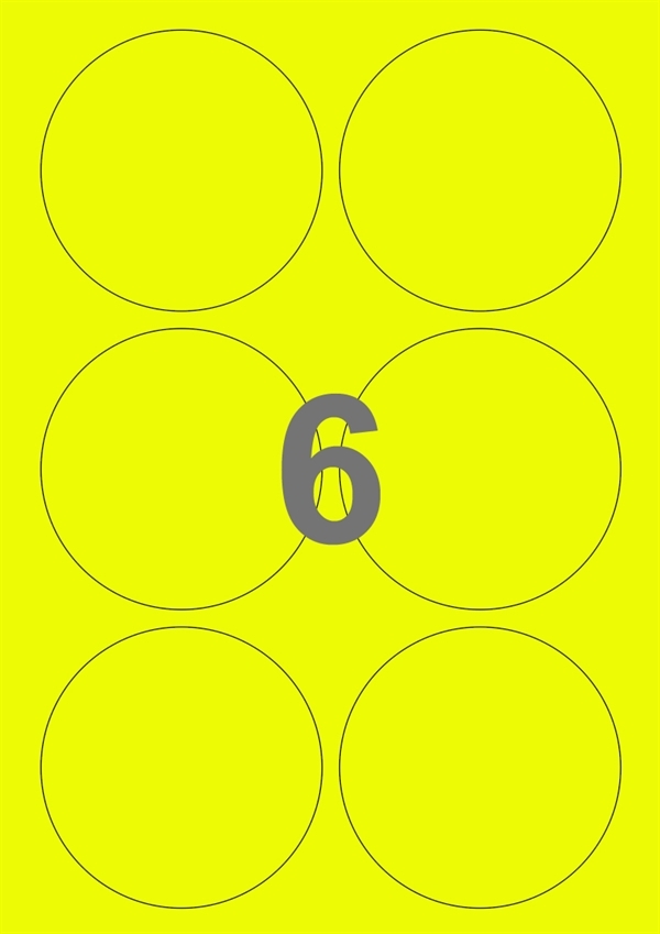 A4-etiketter, 6 Udstansede etiketter/ark, Ø90,0 mm, neon gul, 100 ark